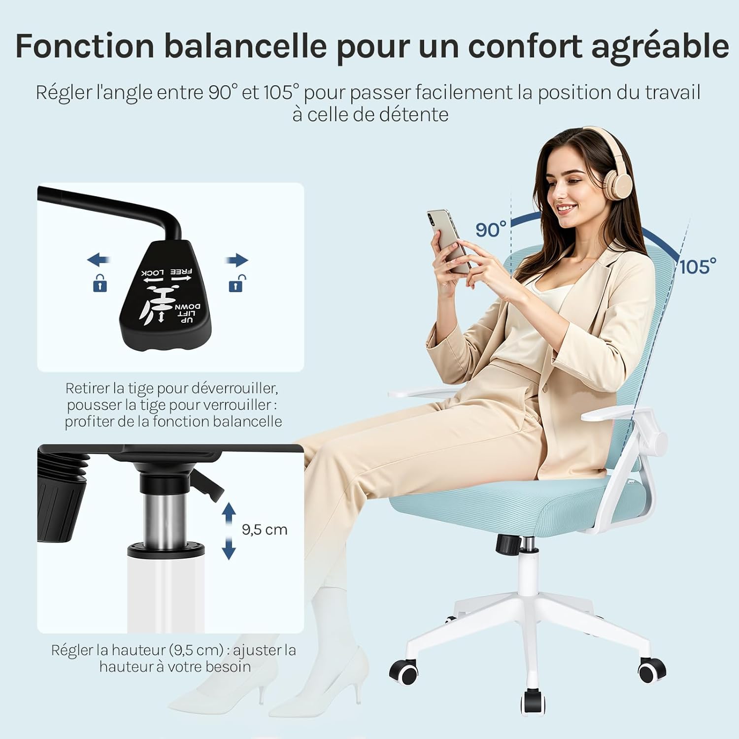 Chaise de Bureau Ergonomique avec Soutien Lombaire et Dossier Inclinable en Tissu Maille