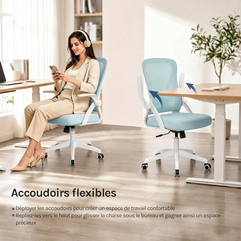 Chaise de Bureau Ergonomique avec Soutien Lombaire et Dossier Inclinable en Tissu Maille